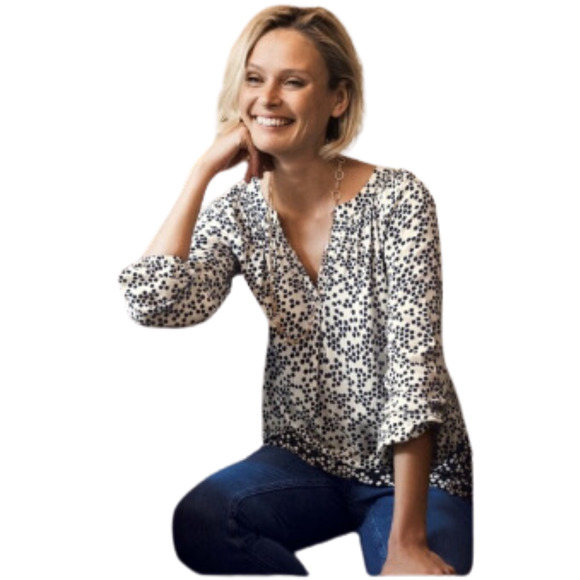 BODEN Navy White Print Maya Blouse Viscose Long Sleeve Split Neck Women's US 6 - Picture 3 of 6